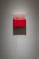 Alison O'Daniel / 
Levitating Drumkit, 2013 / 
wood, paint, chain, spackle, eyescrews / 
12 x 30 x 5 in. (30.5 x 76.2 x 12.7 cm) / 
Private collection