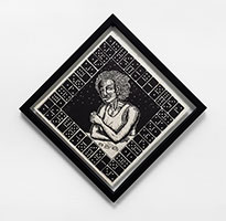 Alison Saar / 
Midnight Shuffle, 2025 / 
Linoleum block on paper / 
Sheet: 12 3/4 x 12 3/4 in. (32.4 x 32.4 cm) / 
As installed: 17 3/4 x 17 3/4 in. (45.1 x 45.1 cm) / 
Edition 25 of 25