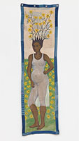 Alison Saar / 
Black Eyed Susan, 2023 / 
acrylic and charcoal on found seed sack and fabric / 
76 x 22 in. (193 x 55.9 cm)