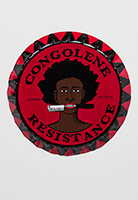 Alison Saar / 
Congolene Resistance, 2020 / 
enamel on found tin / 
18 in. (45.7 cm) diameter
