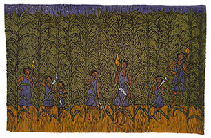 Alison Saar / 
Razin' Cane II, 2025 / 
linoleum cut and screen print on vintage sugar sacks / 
19 1/2 x 30 1/8 in. (49.5 x 76.5 cm) / 
Edition  of 24