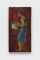 Alison Saar / 
Sorrow's Kitchen (painting), 2019 / 
acrylics on found wood and linen trunk drawer / 
32 x 16 x 2 1/2 in. (81.3 x 40.6 x 6.4 cm)