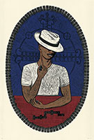 Alison Saar / 
Crossroad Shuffle, 2024 / 
Linoleum cut and woodblock on Kozo mounted to Rives BFK / 
52 1/4 x 35 1/4 in. (132.7 x 89.5 cm) / 
Framed: 55 3/8 x 38 1/2 in. (140.7 x 97.8 cm) / 
Edition 1 of 12