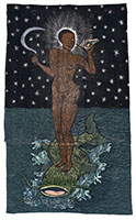 Alison Saar / 
Mutiny of the Sable Venus, 2024 / 
Woodcut on vintage seed sacks / 
63 x 39 in. (160 x 99.1 cm) / 
Edition 13 of 24