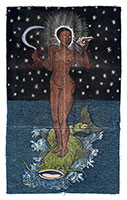 Alison Saar / 
Mutiny of the Sable Venus, 2024 / 
Woodcut on vintage seed sacks / 
63 x 39 in. (160 x 99.1 cm) / 
Edition 12 of 24