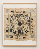 Arthur Simms / 
Run and Hide, 1999 / 
graphite, glue, thread, wire, aluminum foil, linen / 
40 x 33 x 1 3/4 in. (101.6 x 83.8 x 4.4 cm)