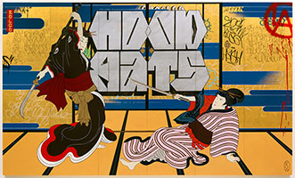Gajin Fujita / 
Hood Rats, 2012 / 
spray paint, paint markers, Mean Streak, and gold leaf / 
on wood panels / 
each panel: 72 x 20 in (182.9 x 50.8 cm) / 
overall: 72 x 120 in. (182.9 x 304.8 cm)