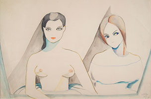 Beatrice Wood / 
Actresses, 1928 / 
watercolor and ink on paper / 
Sheet: 11 1/2 x 14 1/2 in. (29.2 x 36.8 cm) / 
Framed: 13 3/4 x 17 1/4 in. (34.9 x 43.8 cm)