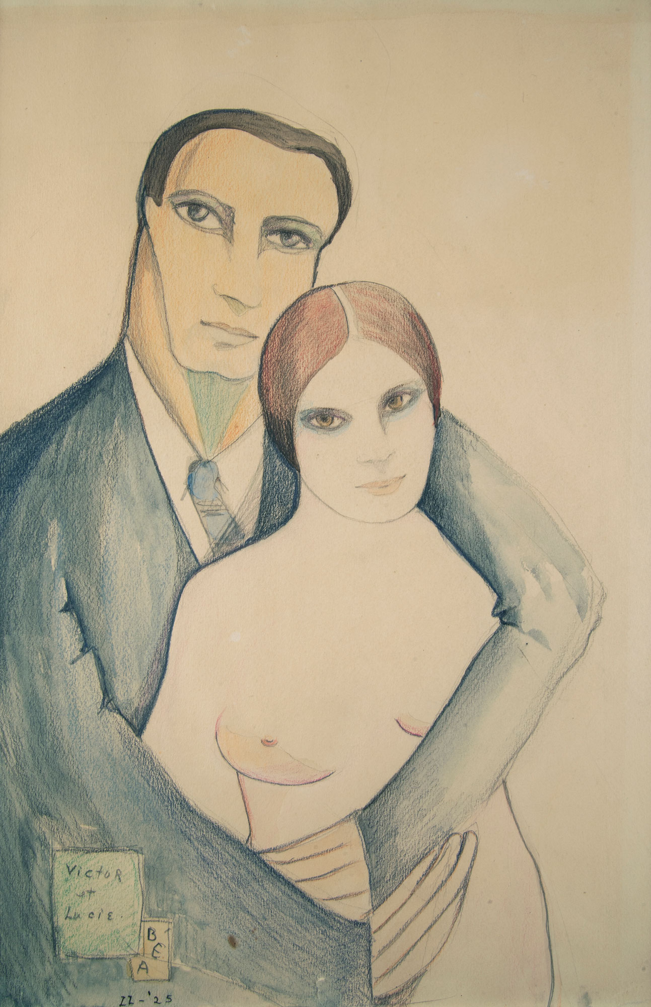 Beatrice Wood / 
Victor et Lucie, 1925 / 
pencil and colored pencil on paper / 
Sheet: 14 1/2 x 9 1/2 in. (36.8 x 24.1 cm) / 
Framed: 22 x 17 in. (55.9 x 43.2 cm)