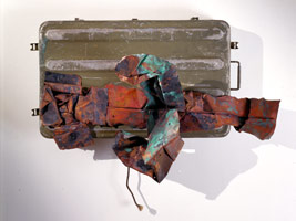Robert Rauschenberg / 
Phantom Case Summer Glut, 1988 / 
riveted metal parts with rope / 
35 x 42 x 19 1/2 in (88.9 x 106.7 x 49.5 cm)
