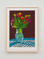 David Hockney / 
24th February 2021, Red, Yellow, and Purple Flowers on a Blue Tablecloth, 2021 / 
iPad painting printed on paper / 
Image: 30 x 21 in. (76.2 x 53.3 cm) / 
Sheet: 35 x 25 in. (88.9 x 63.5 cm) / 
Framed: 36 3/4 x 26 3/4 in. (93.3 x 67.9 cm) / 
Edition 14 of 50