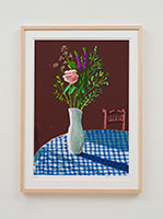 David Hockney / 
4th February 2021, Flowers in a White Vase with Chair, 2021 / 
iPad painting printed on paper / 
Image: 30 x 21 in. (76.2 x 53.3 cm) / 
Sheet: 35 x 25 in. (88.9 x 63.5 cm) / 
Framed: 36 3/4 x 26 3/4 in. (93.3 x 67.9 cm) / 
Edition 14 of 50