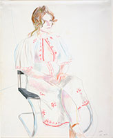David Hockney / 
Celia in Red and White Dress, 1972 / 
Colored pencil on paper / 
17 x 14 in (43.2 x 35.5 cm) / 
Roy B. and Edith J. Simpson Collection / 
© David Hockney