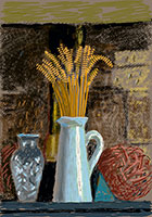 David Hockney / 
Glass Vase, Jug and Wheat, 2020 / 
iPad drawing printed on paper / 
Sheet: 35 x 25 in. (88.9 x 63.5 cm) / 
Image: 30 x 21 in. (76.2 x 53.3 cm) / 
Edition 22 of 35