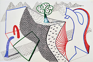 David Hockney / 
'Illustration for James Sellars’ 'Haplomatics,'' 1988 / 
Xerographic print from original drawing on Parsons Linen Ledger paper / 
Sheet Dimension: 11 × 17 in. (27.9 × 43.2 cm) / 
Collection New Britain Museum of American Art / 
Gift of Robert Black, Elliott Fredouelle, and Gary Knoble