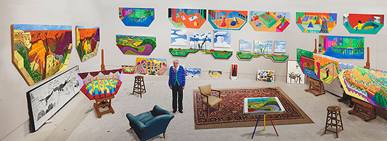 David Hockney / 
In the Studio, December 2017, 2018 / 
photographic drawing printed on paper, mounted on Dibond / 
Panel: 32 3/4 x 89 3/4 in. (83.2 x 228 cm) / 
Framed: 36 1/4 x 93 1/4 x 2 1/2 in. (92.1 x 236.9 x 6.4 cm)