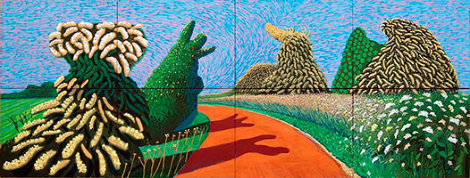 David Hockney / 
May Blossom on the Roman Road, 2009 / 
oil on eight canvases / 
each: 36 x 48 in. (91.4 x 121.9 cm) / 
overall: 72 x 192 in. (182.9 x 487.7 cm)