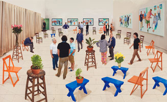 David Hockney / 
4 Blue Stools, 2014 / 
Photographic drawing printed on paper, mounted on Dibond / 
42 1/2 x 69 1/2 in. (108 x 176.5 cm) Edition of 25