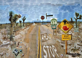 David Hockney / 
Pearblossom Hwy 11-18th April 1986 (First Version), 1986 / 
photographic collage / 
47 x 64 1/2 in (119.38 x 163.83 cm)