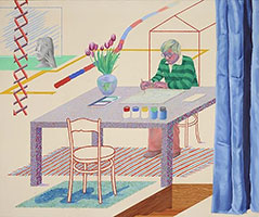 David Hockney / 
Self-Portrait with Blue Guitar, 1977 / 
Oil on canvas / 
59.84  x 71.65 in (152 x 182 cm) / 
On loan from the collection Ludwig, Aachen since 1978