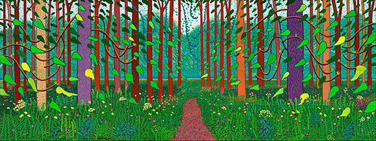 David Hockney / 
The Arrival of Spring in Woldgate, East Yorkshire in 2011 (twenty eleven) (one of a 52 part work), 2011 / 
oil on 32 canvases / 
365.8 x 975.4 in. (929.1 x 2477.5 cm)