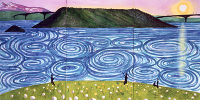 David Hockney  / 
The Maelstrom. Bodo., 2002  / 
watercolour on paper (6 sheets)  / 
36 x 72 in. (91.4 x 182.9 cm) / 
frame: 44 1/8 x 80 1/4 in. (112.1 x 203.8 cm) / 
Private collection