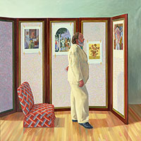 David Hockney / 
Looking at Pictures on a Screen, 1977 / 
Oil on canvas, 188 x 188 cm / 
Private collection / 
© David Hockney