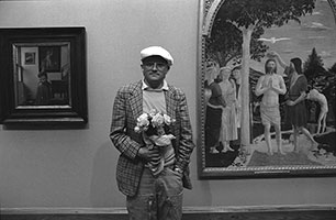 Photo showing David Hockney at a press showing of his 