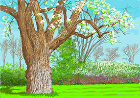 David Hockney / 
27th March 2020, No. 1, 2020 / 
iPad painting printed on paper, mounted on 5 panels / 
Exhibition Proof 2 / 
143.343 x 205.276 in (364.09 x 521.4 cm) / 
© David Hockney