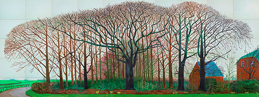 David Hockney / 
Bigger Trees near Warter or ou Peinture sur le Motif pour le Nouvel Age Post-Photographique, 2007 / 
Oil on 50 canvases / 
36 x 48 in each / 
180 x 480 in (457.2 x 1219.2 cm) / 
© David Hockney / 
Photo Credit: Prudence Cuming Associates / 
Tate, U.K
