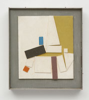 Frederick Hammersley / 
Small clatter, 1964 / 
painted construction in artist-made frame / 
Panel: 6 1/8 x 5 1/4 in. (15.6 x 13.3 cm) / 
Framed: 8 x 7 in. (20.3 x 17.8 cm)