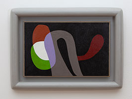 Frederick Hammersley / 
Curtain call, #1 1987 / 
oil on linen on masonite in artist-made frame / 
Panel: 7 1/4 x 11 1/4 in. (18.4 x 28.6 cm) / 
Framed: 11 x 15 in. (27.9 x 38.1 cm)