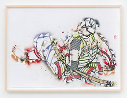 Gajin Fujita / 
Study for Game of Drones (GOD), (Samurai), 2023 / 
pencil, pen, spray paint, and tape on paper / 
Paper: 28 5/8 x 40 1/4 in. (72.7 x 102.2 cm) / 
Framed: 31 3/4 x 43 1/8 in. (80.6 x 109.5 cm)