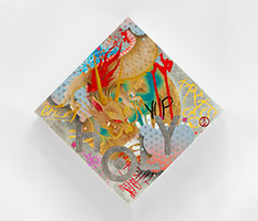 Gajin Fujita / 
Holy, 2024 / 
12K white gold leaf, 24K gold leaf, platinum, spray paint and paint markers / 
as installed: 17 x 17 in. (43.2 43.2 cm) / 
panel: 12 x 12 in. (30.5 x 30.5 cm)