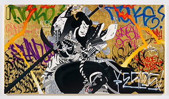 Gajin Fujita / 
Ghost Rider, 2018 / 
spray paint, paint markers, 12k white gold and 24k gold on six wood panels / 
60 x 108 in. (152.4 x 274.3 cm)