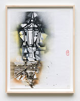 Gajin Fujita / 
Study for Forget Me Not (Chitose Fujita), (Street Lamp), 2023 / 
pencil, pen, spray paint, and tape on paper / 
Paper: 22 3/4 x 17 3/8 in. (57.8 x 44.1 cm) / 
Framed: 25 9/16 x 20 1/8 in. (64.9 x 51.1 cm)
