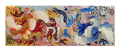 Gajin Fujita / 
We Shall Rise, 2020 / 
24k & 12k gold, spray paint, streaks, paint markers and metal head markers on four wooden panels / 
Overall (four panels): 9 x 24 in. (22.9 x 61 cm) / 
Private Collection