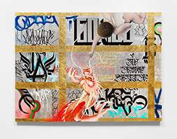 Gajin Fujita / 
We Skyscrapin, 2025 / 
12K white gold leaf, 24K gold leaf, spray paint, acrylic and paint markers / 
48 x 64 in. (121.9 x 162.6 cm)