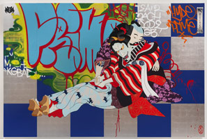 Gajin Fujita / 
Bewitched, 2010 / 
spray paint, paint marker, platinum leaf on wood panel / 
six panels: 72 x 108 in. (182.9 x 274.3 cm) overall