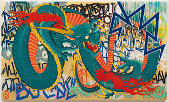 Gajin Fujita  / 
High Voltage, 2011 / 
white gold and gold leaf, spray paint and paint marker on five wood panels / 
48 x 80 in. (121.9 x 203.2 cm) / 
Private collection 