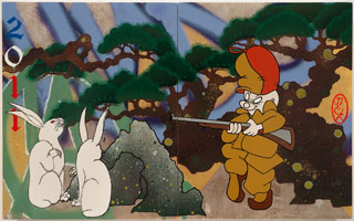 Gajin Fujita / 
Rabbit Season, 2010 / 
spray paint, paint marker, Mean Streak paint stick, gold leaf on wood panel / 
two panels: 10 x 16 in. (25.4 x 40.6 cm)