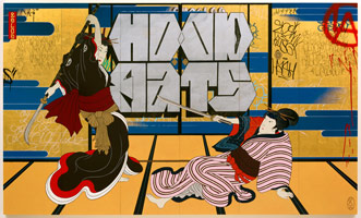 Gajin Fujita / 
Hood Rats, 2012 / 
spray paint, paint markers, Mean Streak, and gold leaf / 
on wood panels / 
each panel: 72 x 20 in (182.9 x 50.8 cm) / 
overall: 72 x 120 in. (182.9 x 304.8 cm)