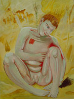 Charles Garabedian / 
Study for the Iliad (man sitting cross legged, yellow background), 1992 / 
acrylic on panel  / 
48 x 36 in. (121.92 x 91.44 cm)