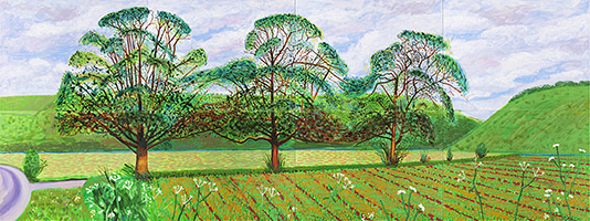David Hockney / 
Three Trees near Thixendale, Spring, 2008 / 
Oil on eight canvases / 
71 1/4 x 192 3/4 in. overall / 
Private Collection / 
© David Hockney, photo by Richard Schmidt