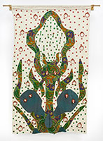 JOJO ABOT / 
Xɔse (Faith), 2023 / 
textile, acrylic, clay / 
66 x 41 in. (167.6 x 104.1 cm)