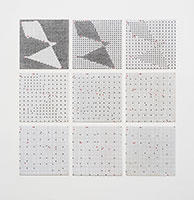 Jennifer Bartlett / 
Bow Tie (9 elements), 1973 / 
enamel over grid silkscreened onto baked enamel on metal / 
38 x 38 in. (96.5 x 96.5 cm)