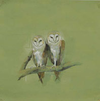 Jessica Minckley / 
My Mother and Father Rescued A Pair of Owls, 2005 / 
      graphite, watercolor gouache & colored pencil on paper / 
      Paper: 12 x 12 in. (30.5 x 30.5 cm) / 
      Framed: 12 1/2 x 12 1/2 in. (31.8 x 31.8 cm) / 
      Private collection 