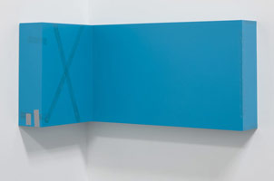 Kaz Oshiro / 
Untitled Corner Piece (turquoise), 2009  / 
acrylic on stretched canvas / 
left section: 30 3/8 x 32 1/8 x 9 1/4 in. (77.2 x 81.6 x 23.5 cm) / 
right section: 30 3/8 x 62 x 9 1/4 in. (77.2 x 157.5 x 23.5 cm)
