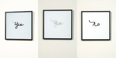 Nancy Reddin Kienholz / 
Yes - No, April 2, 2007 / 
lenticular (mixed media) / 
18 x 18 in. (45.7 x 45.7 cm)
