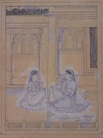 Punjab Hills Painting / 
        A Lady and Maidservant Gossip in a Palace Courtyard / 
        Punjab Hills, produced at the Kangra court / 
        circa 1800 / 
        10 x 7 7/8 in. [25.4 x 20 cm] / 
        Private collection 
